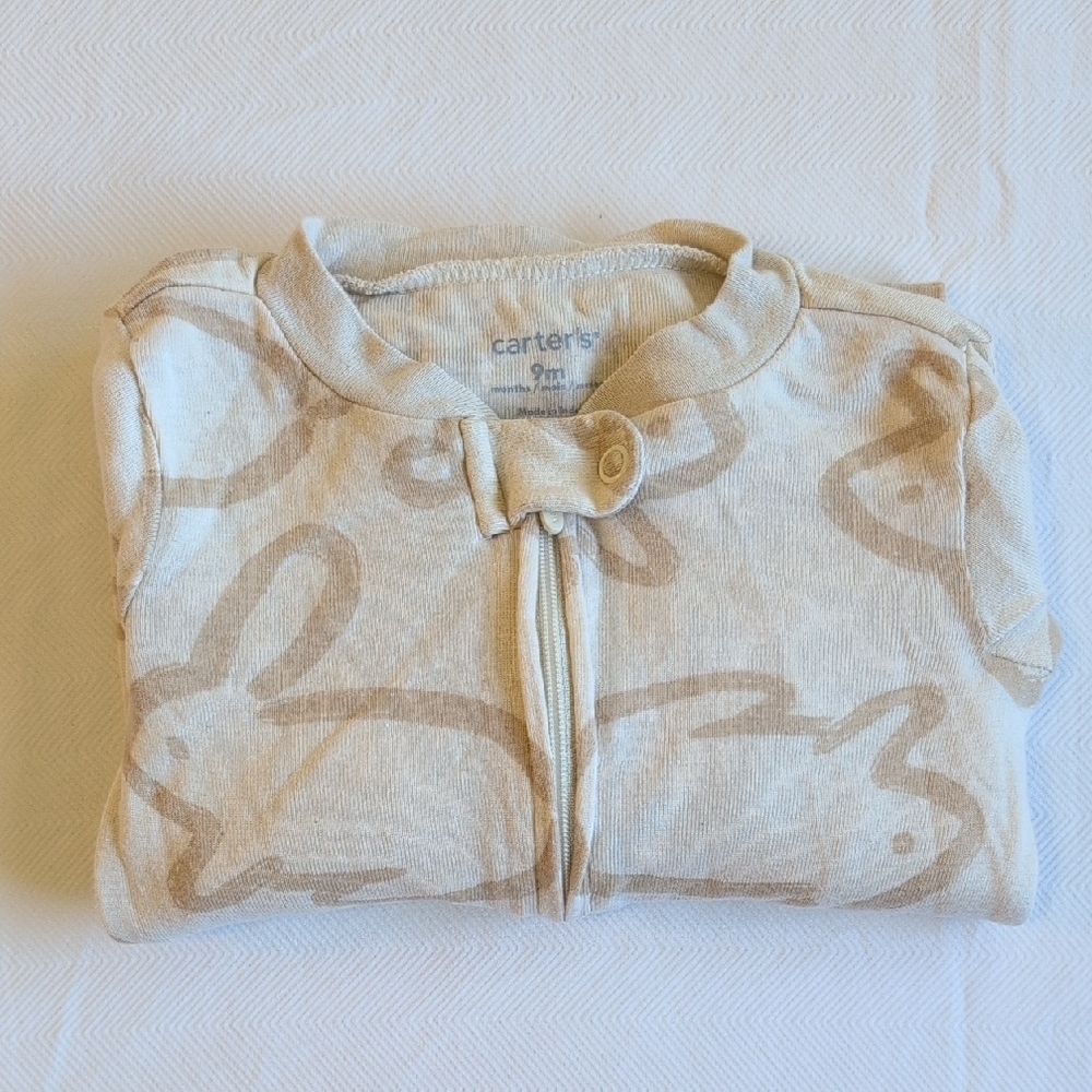 carter's bunny 2-way zipper neutral cream cotton sleeper footie pajamas 9 months